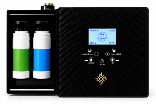 Black ALFA Ionizer with dual filters, control display, and small gold four-R emblem