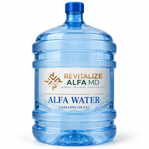 ALFA Water five-gallon jug with the gold-and-green Revitalize ALFA MD logo.