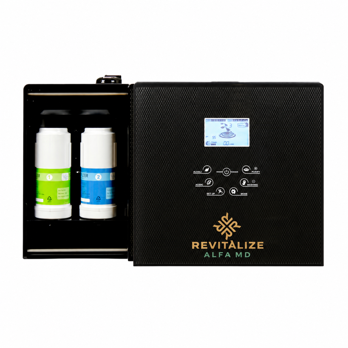 Black ALFA Ionizer with the gold-and-green Revitalize ALFA MD logo and open dual-filter compartment.