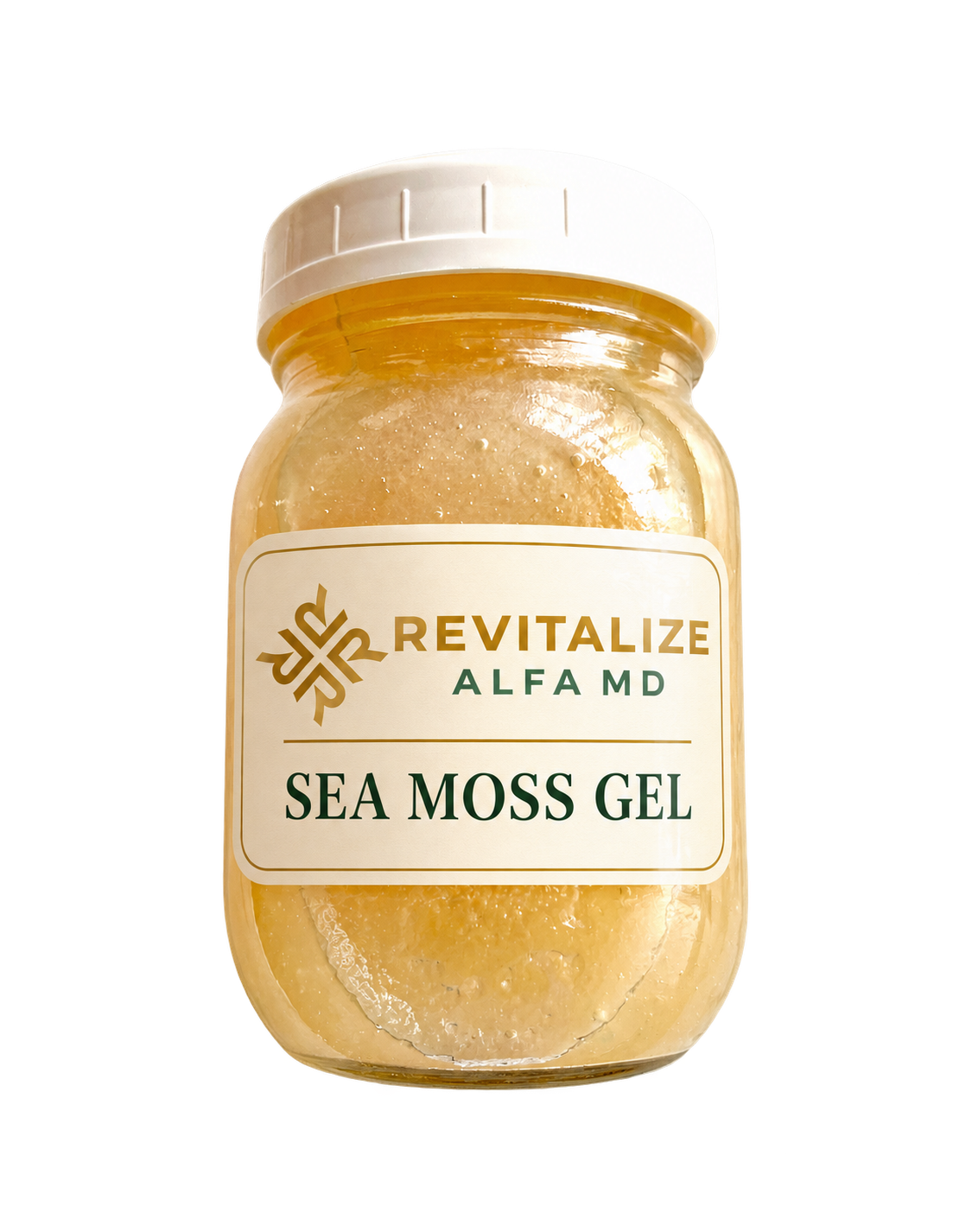 Sea moss gel jar with the gold-and-green Revitalize ALFA MD logo on an ivory label.