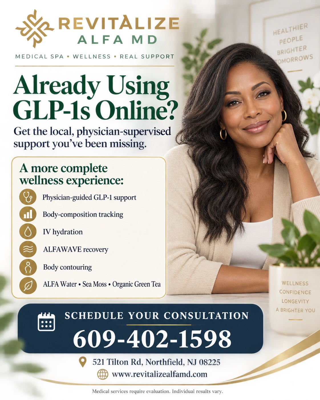 Revitalize ALFA MD GLP-1 support program flyer in English. Call 609-402-1598 or visit 521 Tilton Road, Northfield, New Jersey.