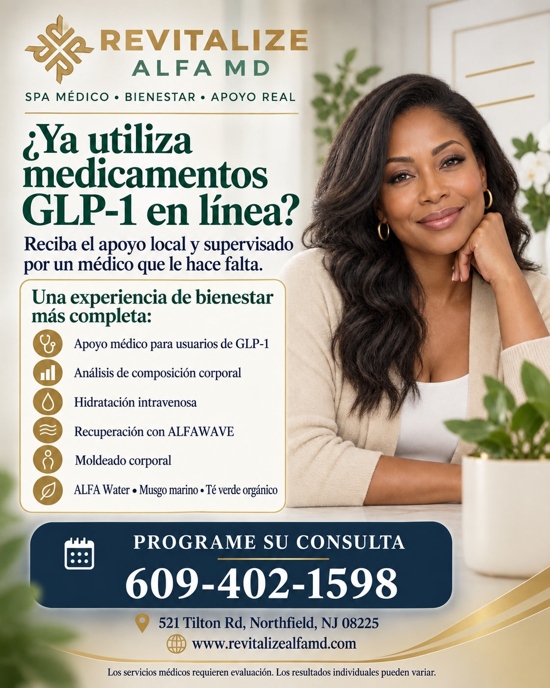 Folleto en español del programa de apoyo GLP-1 de Revitalize ALFA MD. Llame al 609-402-1598. 521 Tilton Road, Northfield, Nueva Jersey.